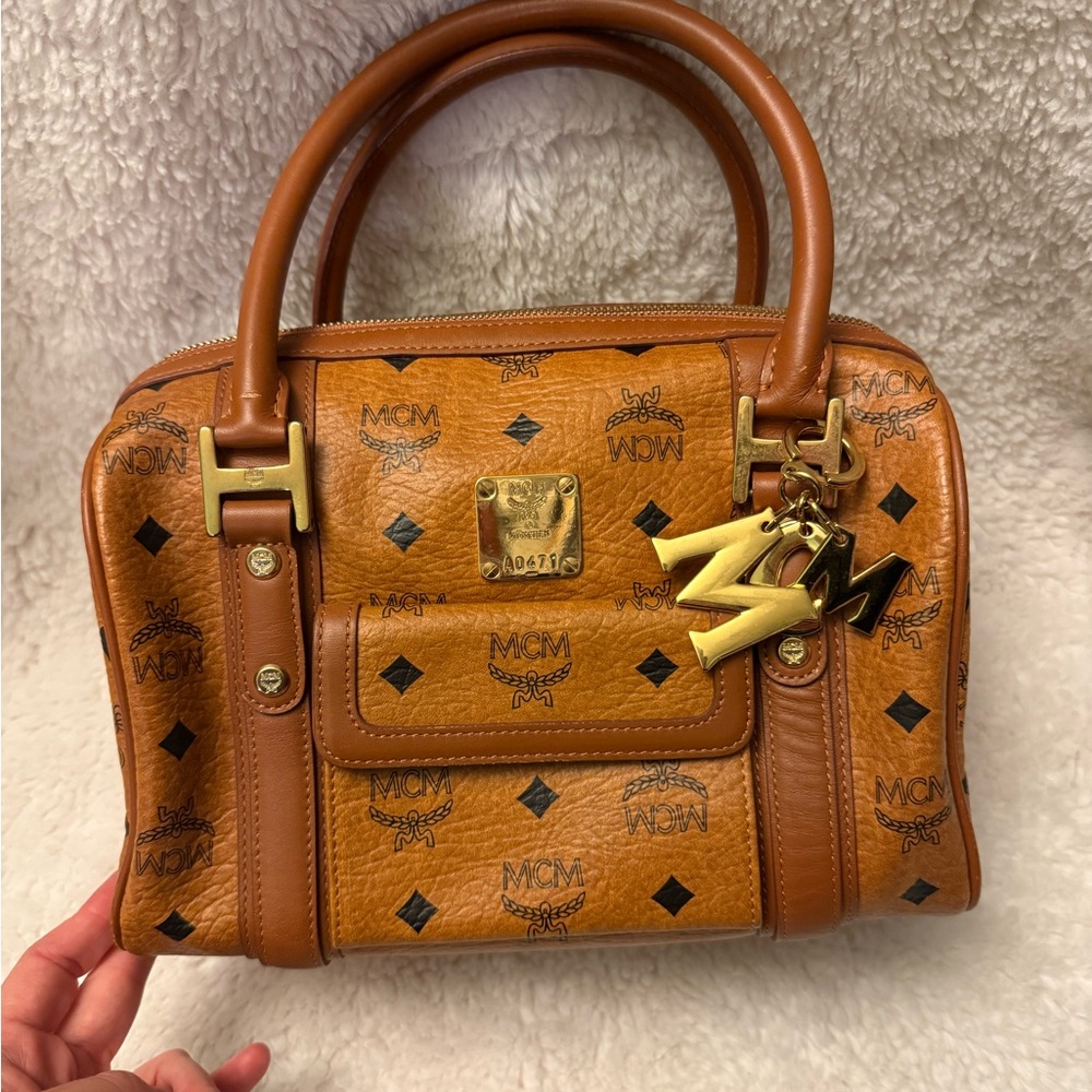 MCM Brown Satchel with Iconic Monogram and Gold Hardware